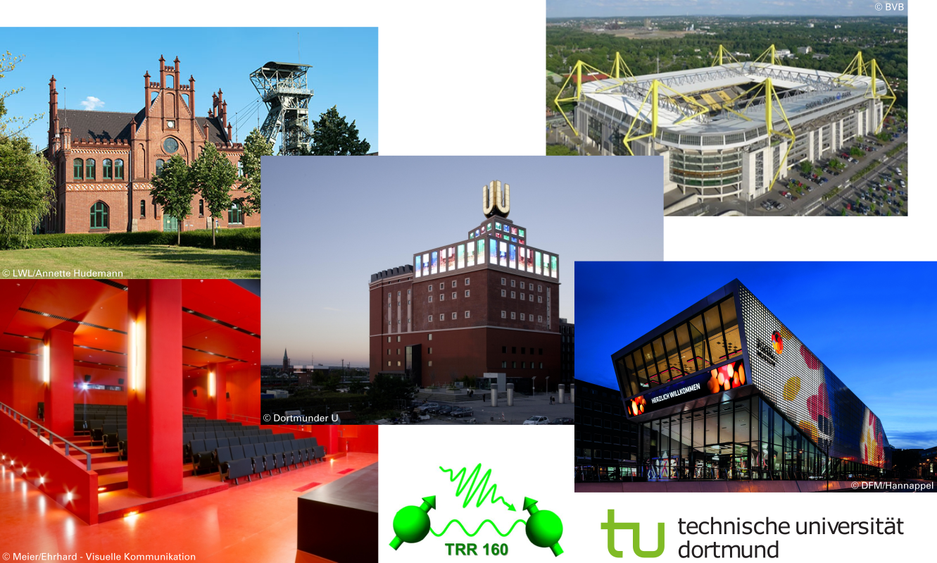 Collage of photos showing the Zollern colliery, the Signal-Iduna Park, the Dortmunder U, the innogy Forum, the football museum, and the logos of ICRC TRR 160 and TU Dortmund